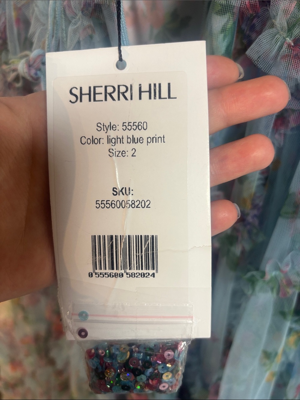 Sherri Hill 55560 Light Blue Floral Puff-Sleeve Tulle Gown - Picture 12 of 12